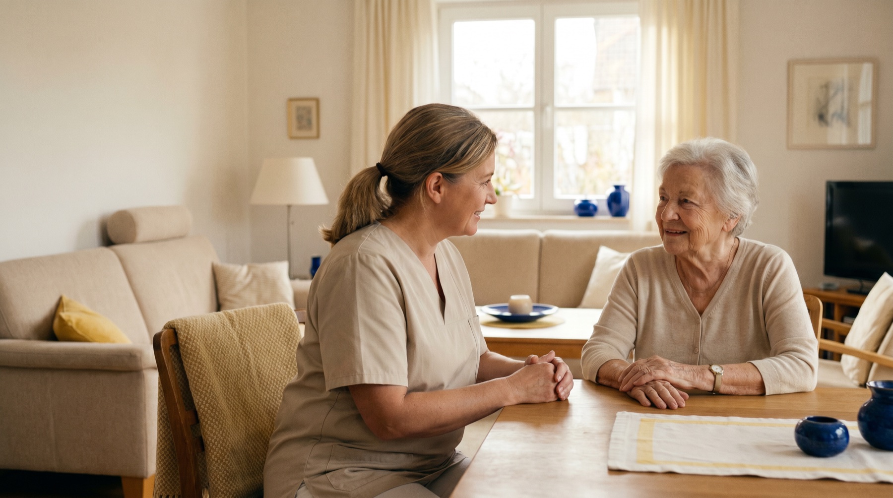 Betreuungskraft im freundlichen Gespräch mit einer Seniorin zuhause