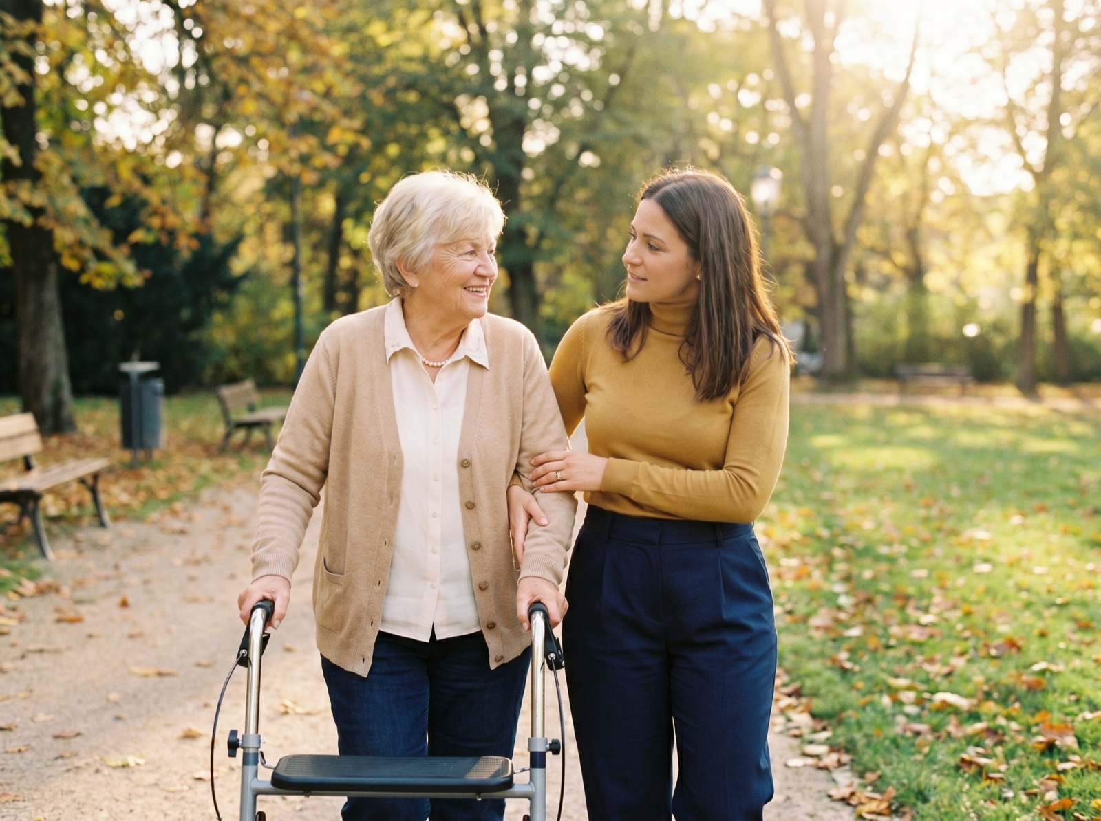 Betreuungskraft begleitet eine Seniorin bei einem Spaziergang im Park